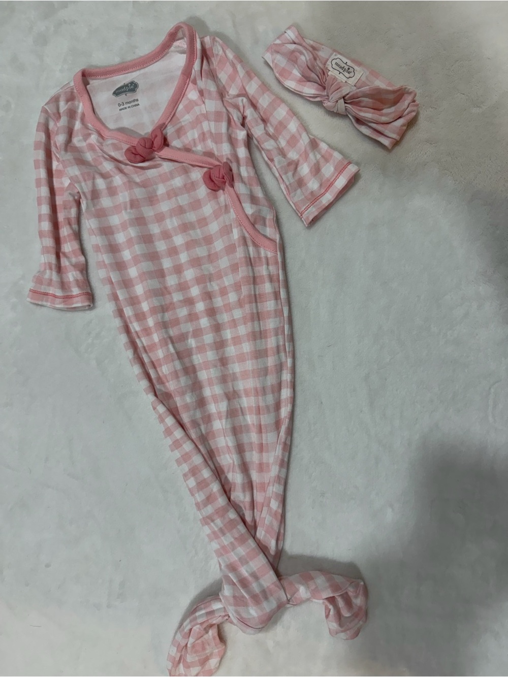Mud Pie Pink Gingham Knotted Gown with Matching Headband